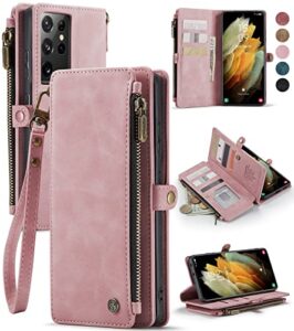 defencase galaxy s21 ultra wallet case, pu leather magnetic flip with lanyard, zipper card holder, rose pink