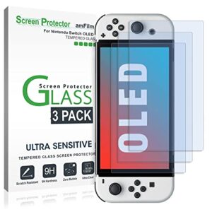 amfilm screen protector compatible with nintendo switch oled model 2021, tempered glass, 3 pack