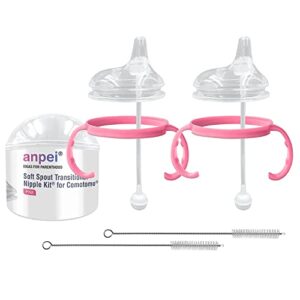 anpei sippy cup soft spout transitional nipple kit bundle compatible with comotomo baby bottles, 5 oz and 8 oz | value bundle 2 kits + brushes (pink)