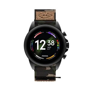 fossil men's gen 6 44mm stainless steel and cork touchscreen smart watch, color: black, camo (model: ftw4063v)