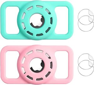 marval airtag dog collar holder + 4 pcs protective film compatible with apple air tag cat pet case, protective waterproof silicone small for puppy (n mint+brightpink 2 pack)