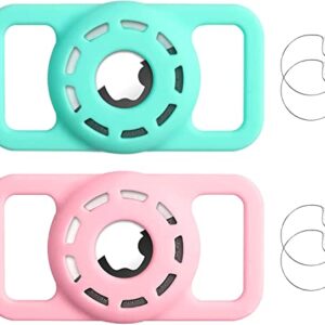 MARVAL Airtag Dog Collar Holder + 4 pcs Protective Film Compatible with Apple Air Tag Cat Pet Case, Protective Waterproof Silicone Small for Puppy (N Mint+BrightPink 2 Pack)