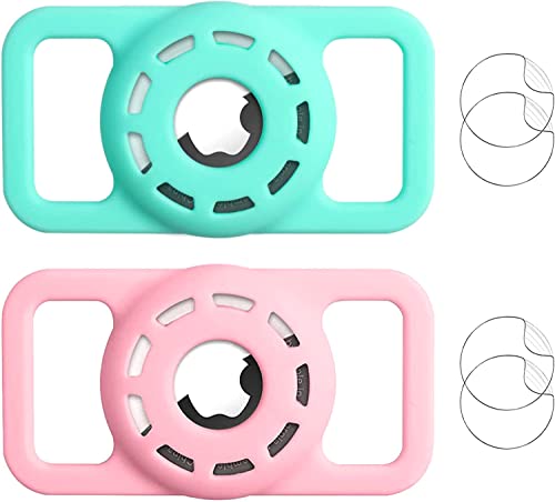MARVAL Airtag Dog Collar Holder + 4 pcs Protective Film Compatible with Apple Air Tag Cat Pet Case, Protective Waterproof Silicone Small for Puppy (N Mint+BrightPink 2 Pack)