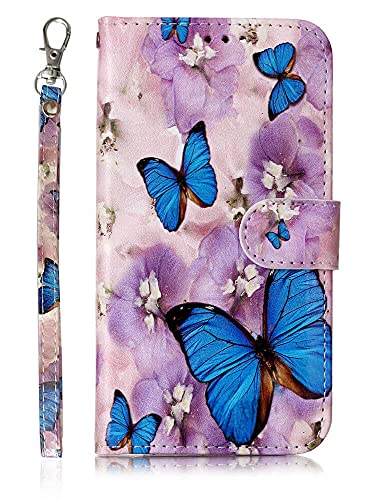 JanCalm Compatible with iPhone 12 Wallet Case/iPhone 12 Pro Wallet Case, Floral Pattern PU Leather [Wrist Strap][Card/Cash Slots] Stand Flip Cover for iPhone 12/12 Pro 6.1 inch (Butterfly/Purple)