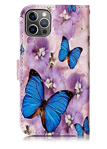 JanCalm Compatible with iPhone 12 Wallet Case/iPhone 12 Pro Wallet Case, Floral Pattern PU Leather [Wrist Strap][Card/Cash Slots] Stand Flip Cover for iPhone 12/12 Pro 6.1 inch (Butterfly/Purple)