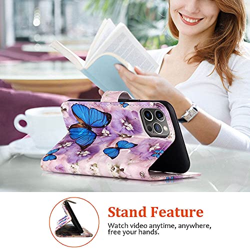 JanCalm Compatible with iPhone 12 Wallet Case/iPhone 12 Pro Wallet Case, Floral Pattern PU Leather [Wrist Strap][Card/Cash Slots] Stand Flip Cover for iPhone 12/12 Pro 6.1 inch (Butterfly/Purple)