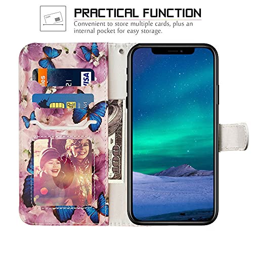 JanCalm Compatible with iPhone 12 Wallet Case/iPhone 12 Pro Wallet Case, Floral Pattern PU Leather [Wrist Strap][Card/Cash Slots] Stand Flip Cover for iPhone 12/12 Pro 6.1 inch (Butterfly/Purple)