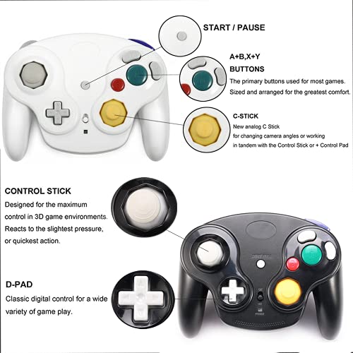 VTone Wireless Gamecube Controller, 2 Pieces 2.4G Wireless Classic Gamepad with Receiver Adapter for Wii Gamecube NGC GC (Black and White)