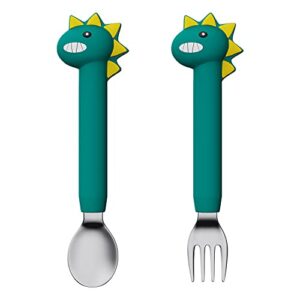 sfccmm baby forks and spoons set baby training utensils self feeding toddler silverware silicone and stainless steel kids and toddler utensil (green dinosaur - long)