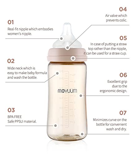 MOYUUM PPSU All in One Feeding Bottle, Stage 2, Medium Flow, 9oz (Beige)