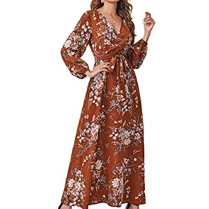 Floerns Women's Summer Wrap V Neck Long Sleeve Belted Floral Print Maxi Dress Rust Brown S