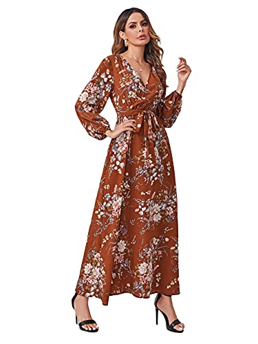 Floerns Women's Summer Wrap V Neck Long Sleeve Belted Floral Print Maxi Dress Rust Brown S