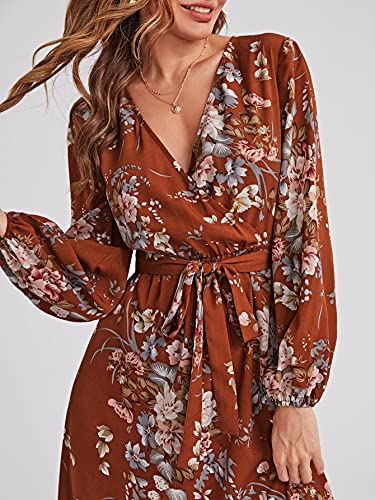 Floerns Women's Summer Wrap V Neck Long Sleeve Belted Floral Print Maxi Dress Rust Brown S