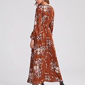 Floerns Women's Summer Wrap V Neck Long Sleeve Belted Floral Print Maxi Dress Rust Brown S