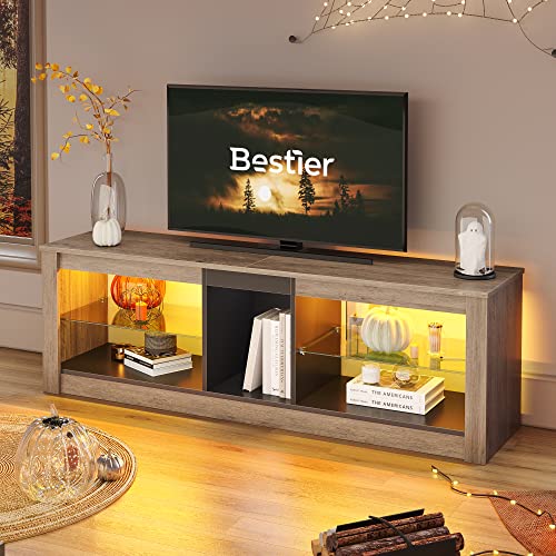 Bestier Entertainment Center LED Gaming TV Stand for 55+ Inch TV Adjustable Glass Shelves 22 Dynamic RGB Modes TV Cabinet Game Console PS4, Wash Gray