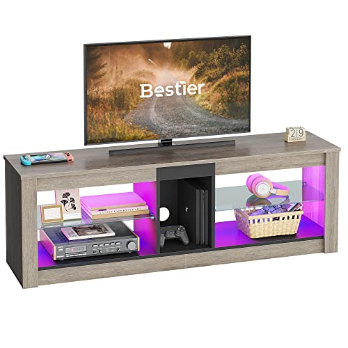 Bestier Entertainment Center LED Gaming TV Stand for 55+ Inch TV Adjustable Glass Shelves 22 Dynamic RGB Modes TV Cabinet Game Console PS4, Wash Gray