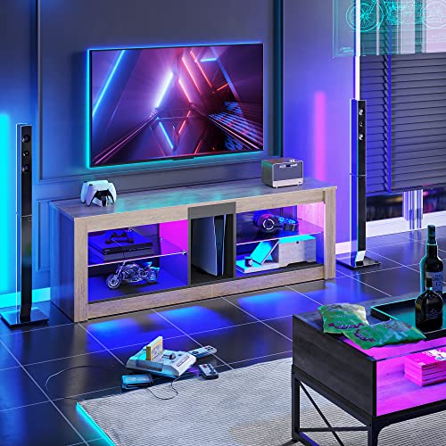 Bestier Entertainment Center LED Gaming TV Stand for 55+ Inch TV Adjustable Glass Shelves 22 Dynamic RGB Modes TV Cabinet Game Console PS4, Wash Gray