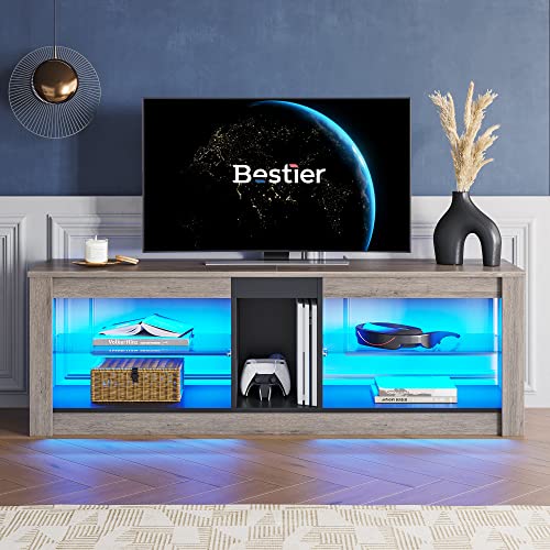 Bestier Entertainment Center LED Gaming TV Stand for 55+ Inch TV Adjustable Glass Shelves 22 Dynamic RGB Modes TV Cabinet Game Console PS4, Wash Gray