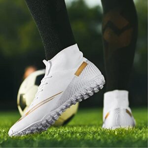 HaloTeam Men's Soccer Shoes Cleats Professional High-Top Breathable Athletic Football Boots for Outdoor Indoor TF/AG,R2150 White,3 US