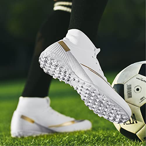 HaloTeam Men's Soccer Shoes Cleats Professional High-Top Breathable Athletic Football Boots for Outdoor Indoor TF/AG,R2150 White,3 US