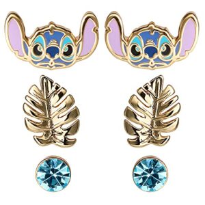 disney girls stitch earrings 3-piece set - gold plated 3 stitch stud earrings for girls - officially licensed stitch jewelry