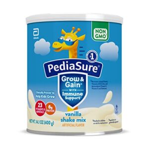 pediasure grow & gain with immune support shake mix powder, kids shake, 23 vitamins and minerals, 6g protein, helps kids catch up on growth, non-gmo, gluten-free, vanilla, 14.1-oz can, 8 servings