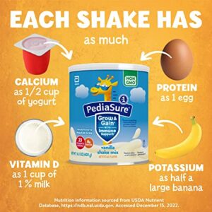 PediaSure Grow & Gain with Immune Support Shake Mix Powder, Kids Shake, 23 Vitamins and Minerals, 6g Protein, Helps Kids Catch Up On Growth, Non-GMO, Gluten-Free, Vanilla, 14.1-oz Can, 8 Servings