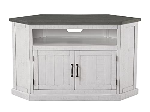 Martin Svensson Home Rustic Solid Wood Corner TV Stand, White Stain with Grey Stain Top