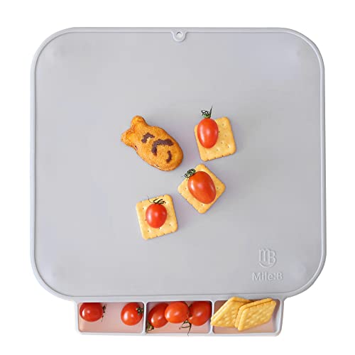 Mile:B Baby Toddler Placemat,Non Slip with 4 Suction Cups,Non Tilting Food Catcher with 2 Guards,16x14in,A Hanging Loop for Easy Drying(Gray)