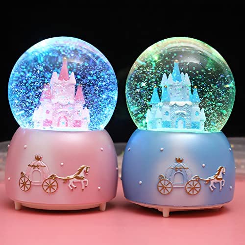 Castle Snow Globes Luminous Music Box Cartoon Christmas Snow House Automatic Spray Snowflake Rotating Crystal Ball with Color Changing LED Lights for Home Decoration Birthday Gift