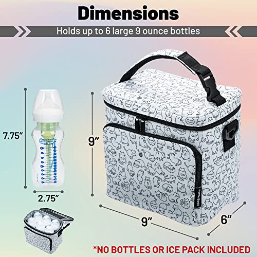 Insulated Breastmilk Cooler Bag With 3 Pockets - Waterproof Baby Bottle Cooler Bag Can Hold 6 Large 9 Ounce Bottles - The Perfect Tote Bottle Bag For Daycare, Nursing Moms, Travel - Feline Friends