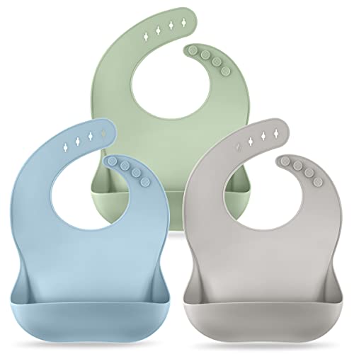 Rineyap Silicone Bibs for Babies Set of 3, BPA-Free Waterproof, Durable Baby Bibs for Boys and Girls 6-72 Months Grey