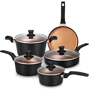 pots and pans sets, nonstick cookware set, induction pan set, chemical-free kitchen sets, saucepan, frying pan, saute pan, black, 9 pieces