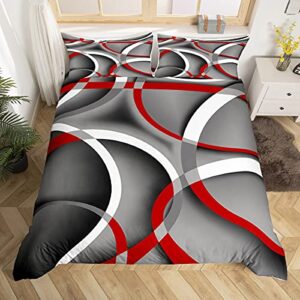 Modern Geometric Lines Duvet Cover King Size for Boys Women Men Gray Black Red Swirls Bedding Set Retro Lines Comforter Cover Modern Abstract Bedspread Cover with 2 Pillow Shams Microfiber Quilt Cover