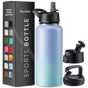 finedine insulated water bottles with straw - 32 oz stainless steel metal water bottle w/ 3 lids - reusable for travel, camping, bike, sports - powder steel blue blend