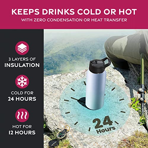 FineDine Insulated Water Bottles with Straw - 32 Oz Stainless Steel Metal Water Bottle W/ 3 Lids - Reusable for Travel, Camping, Bike, Sports - Powder Steel Blue Blend