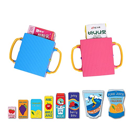 Baby Juice Box Holder Juice Bag Holder for Toddlers No Squeeze Adjustable Folding Food Pouch and Milk Box Holder for Kids No Spill 2-Pack (Blue&Pink)