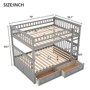 Harper & Bright Designs Full Over Full Wood Bunk Bed with Two Storage Drawers and Ladder, Convertible Storage Bunk Bed Can Be Divided Into Two Full Size Daybeds (Grey)