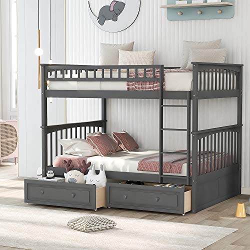 Harper & Bright Designs Full Over Full Wood Bunk Bed with Two Storage Drawers and Ladder, Convertible Storage Bunk Bed Can Be Divided Into Two Full Size Daybeds (Grey)