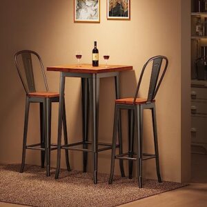 aiho bar table and chairs set for 2, 3 piece pub table set with solid elm top and metal frame, bar height table set for 2 with 400 lbs loading capacity for bar home bistro cafe