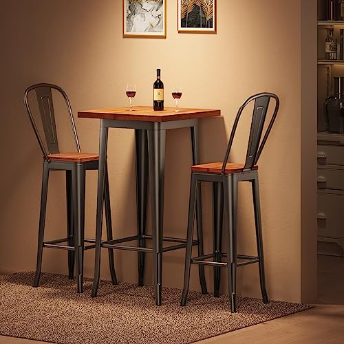 Aiho Bar Table and Chairs Set for 2, 3 Piece Pub Table Set with Solid Elm Top and Metal Frame, Bar Height Table Set for 2 with 400 lbs Loading Capacity for Bar Home Bistro Cafe