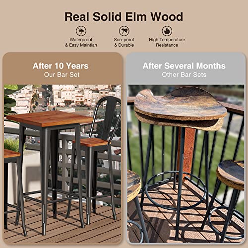 Aiho Bar Table and Chairs Set for 2, 3 Piece Pub Table Set with Solid Elm Top and Metal Frame, Bar Height Table Set for 2 with 400 lbs Loading Capacity for Bar Home Bistro Cafe