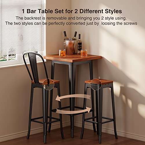 Aiho Bar Table and Chairs Set for 2, 3 Piece Pub Table Set with Solid Elm Top and Metal Frame, Bar Height Table Set for 2 with 400 lbs Loading Capacity for Bar Home Bistro Cafe