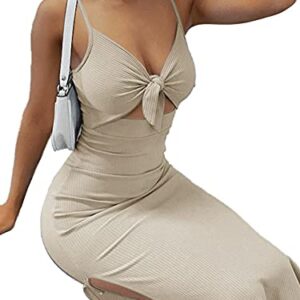 LYANER Women's Tie Knot Cut Out Side Split Hem Sleeveless Knit Bodycon Maxi Dress Beige Medium