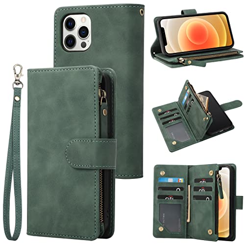 RANYOK Wallet Case Compatible with iPhone 12 Pro Max (6.7 inch), Premium PU Leather Zipper Flip Wallet RFID Blocking with Wrist Strap Magnetic Closure Built-in Kickstand Protective Case - Black Green