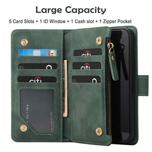 RANYOK Wallet Case Compatible with iPhone 12 Pro Max (6.7 inch), Premium PU Leather Zipper Flip Wallet RFID Blocking with Wrist Strap Magnetic Closure Built-in Kickstand Protective Case - Black Green