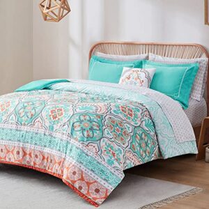 degrees of comfort full size bed in a bag,aqua boho complete comforter set, microfiber bedding sets with side pockets,matching decorative pillow, 8 piece