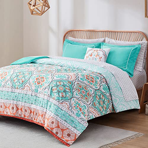 Degrees of Comfort Full Size Bed in A Bag,Aqua Boho Complete Comforter Set, Microfiber Bedding Sets with Side Pockets,Matching Decorative Pillow, 8 Piece