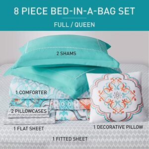 Degrees of Comfort Full Size Bed in A Bag,Aqua Boho Complete Comforter Set, Microfiber Bedding Sets with Side Pockets,Matching Decorative Pillow, 8 Piece