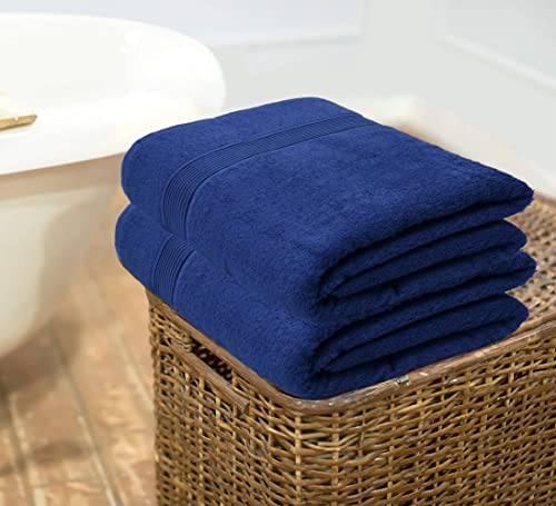 Belizzi Home Cotton 2 Pack Oversized Bath Towel Set 28x55 inches, Large Bath Towels, Ultra Absorbant Compact Quickdry & Lightweight Towel, Ideal for Gym Travel Camp Pool - Navy Blue